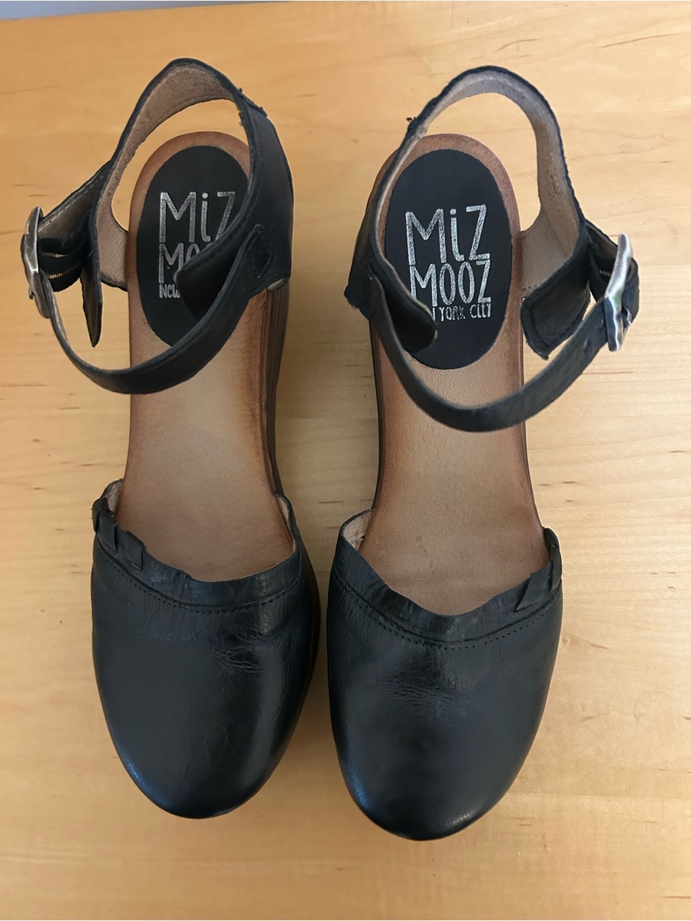 Miz Mooz Black Leather Ankle Strap Wedges